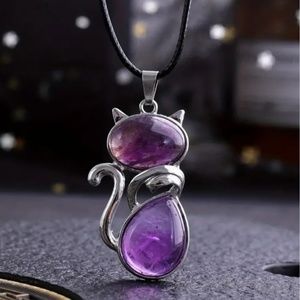 NWT Purrfect Gemstone Amethyst  Silver Tone Cat Pendant with Neck…
